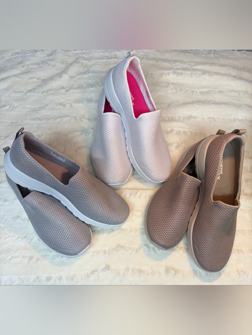Skechers 3 Pairs of Women’s Slip-On Knit Sneakers in Grey, White and Taupe